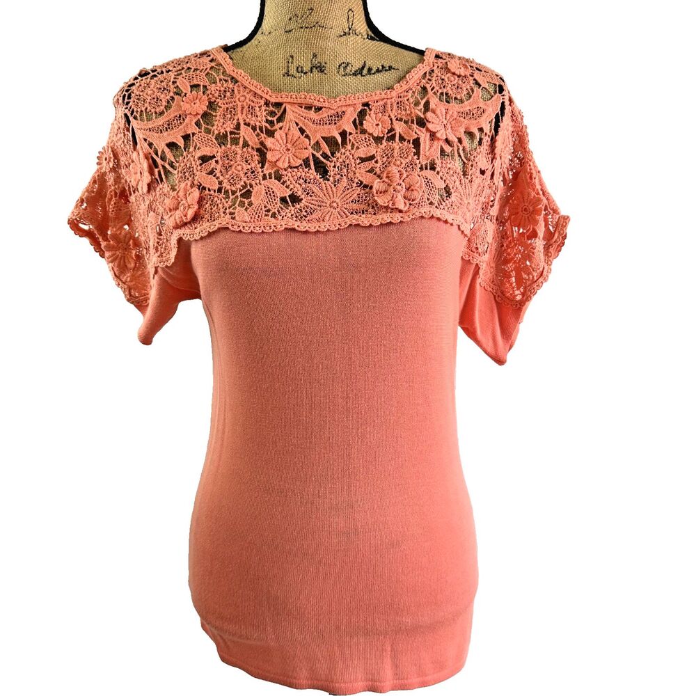 Leo Guy Women's Peach Lace Top Short Sleeve Stretch Soft T-shirt Top Sz 1/6-8 US